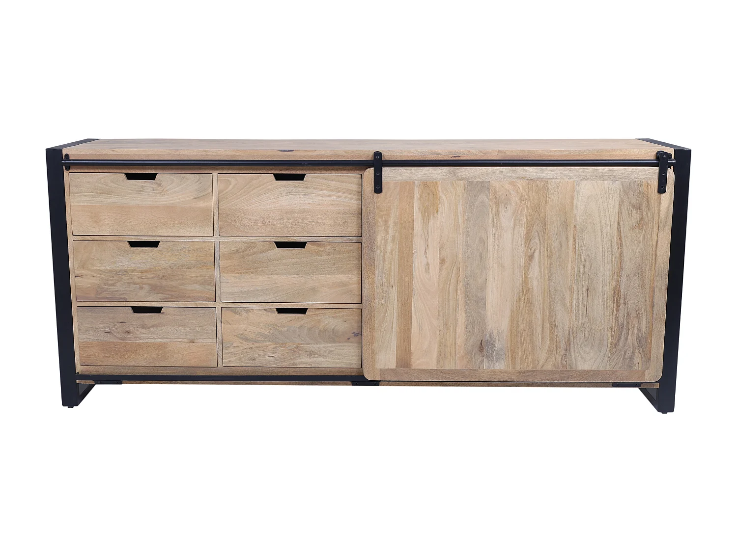 Buffet avec 1 porte et 6 tiroirs en bois de manguier et métal - Naturel et noir - HARLEM II