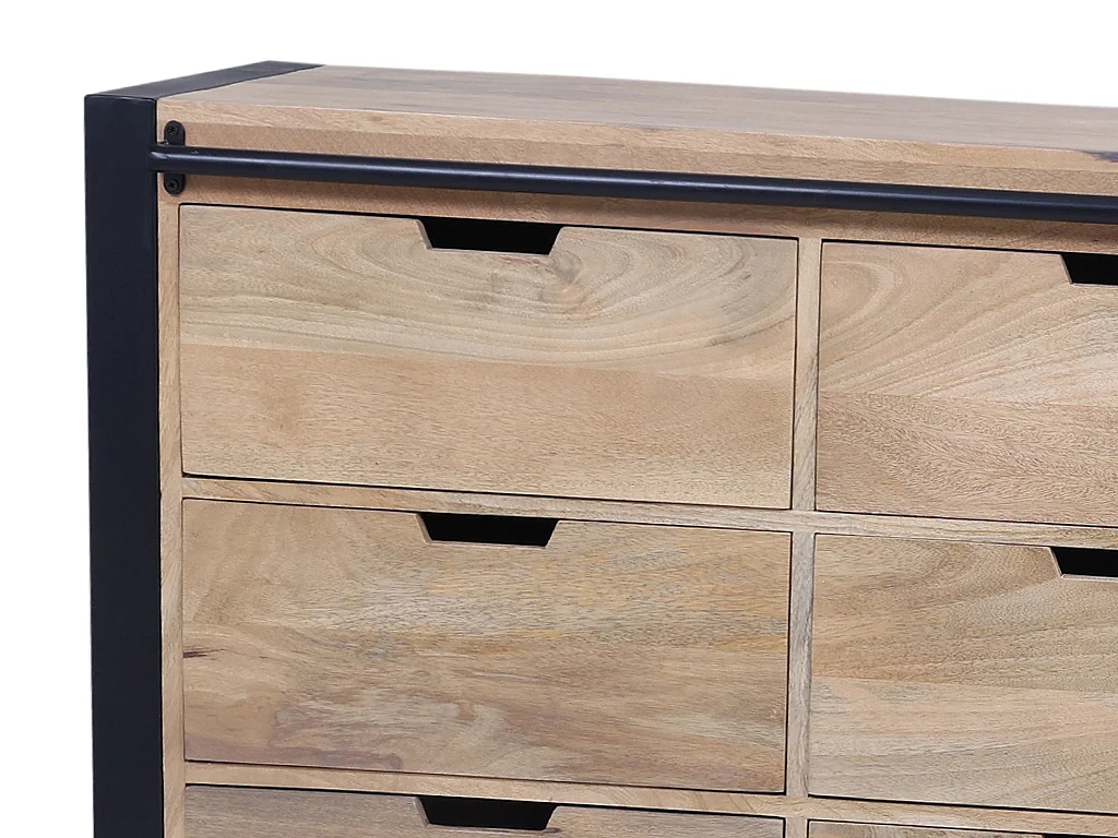 Buffet avec 1 porte et 6 tiroirs en bois de manguier et métal - Naturel et noir - HARLEM II
