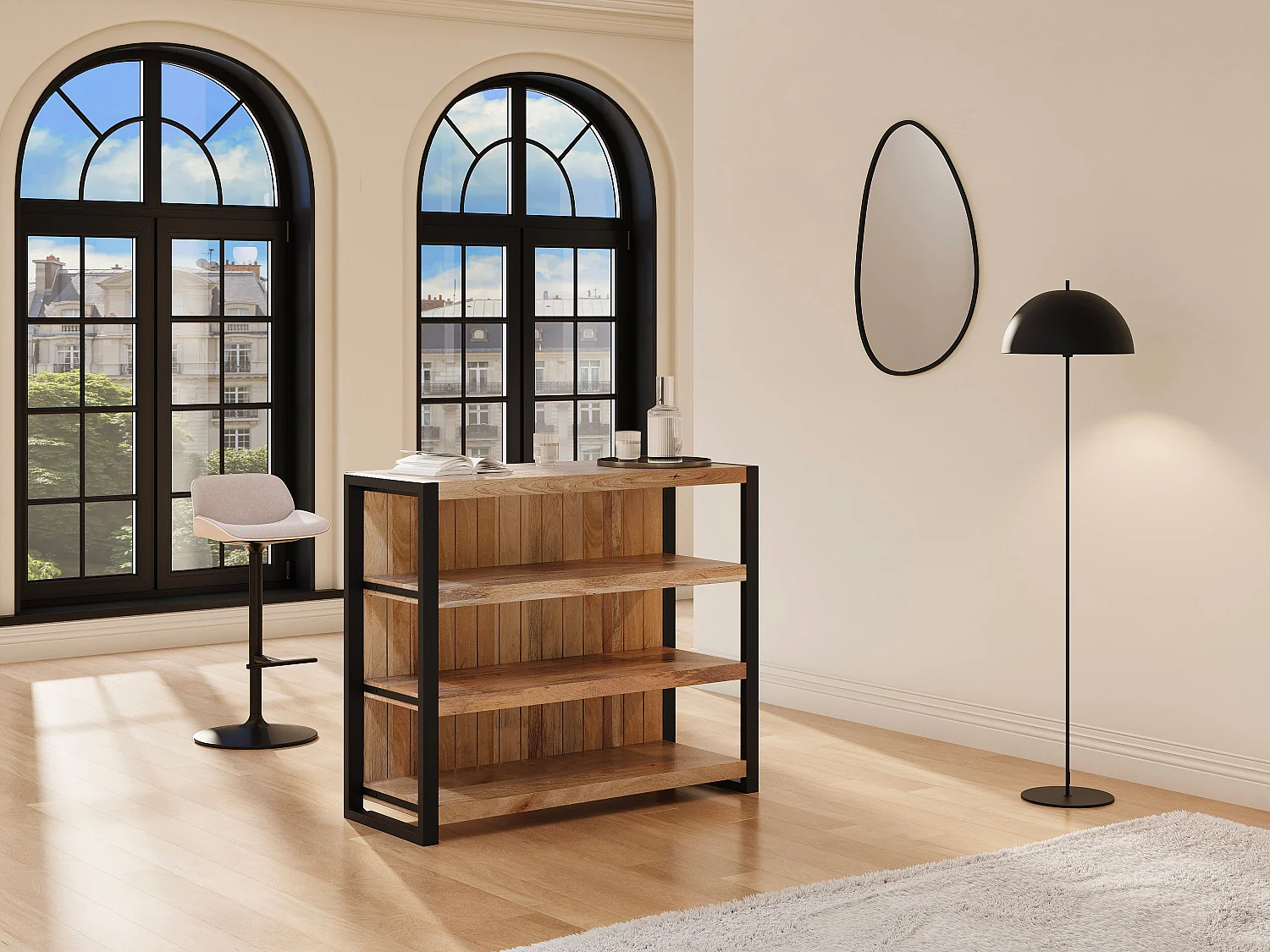 Meuble de bar avec 3 étagères en bois de manguier et métal - Naturel et noir - HARLEM II