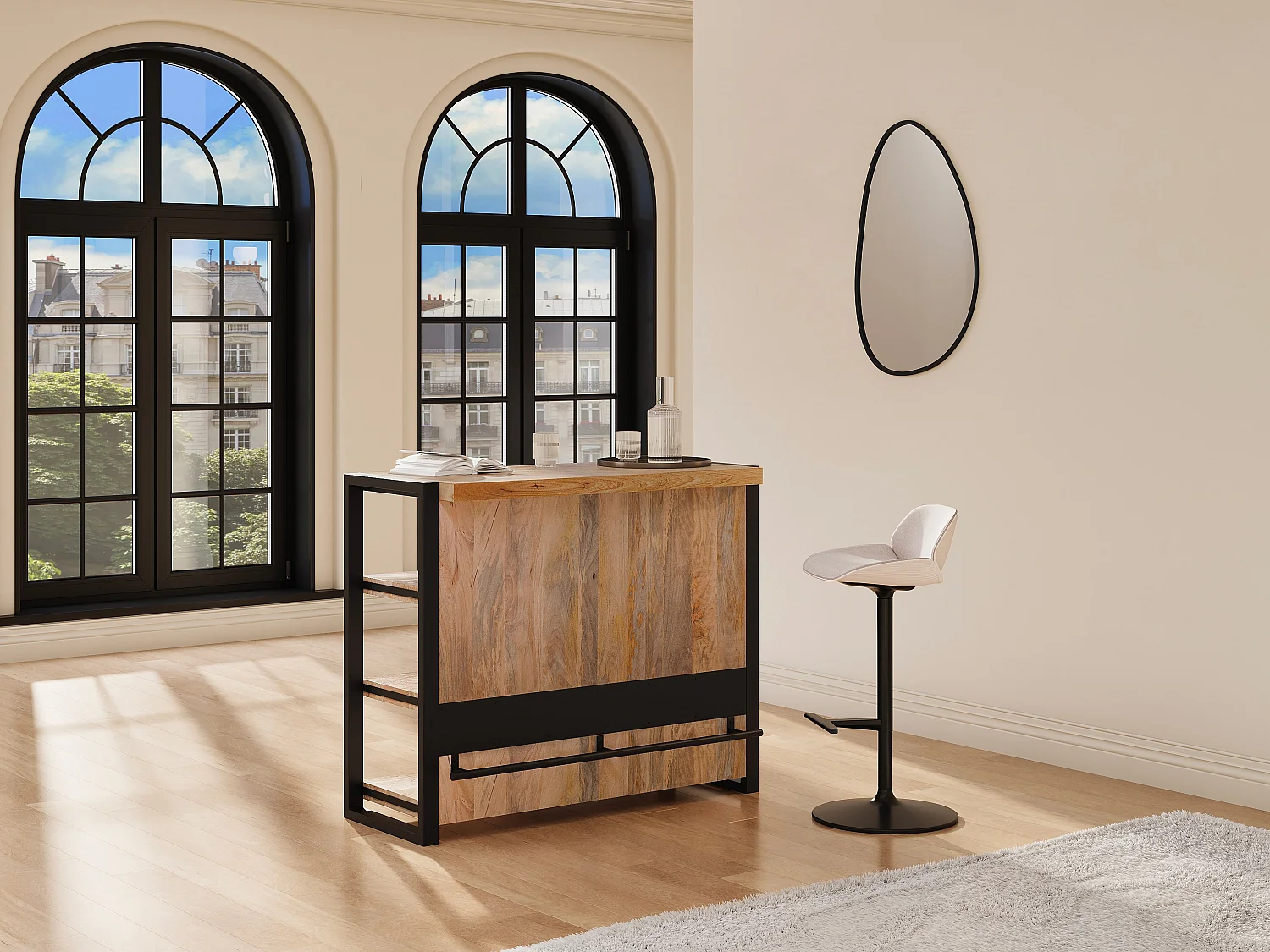 Meuble de bar avec 3 étagères en bois de manguier et métal - Naturel et noir - HARLEM II