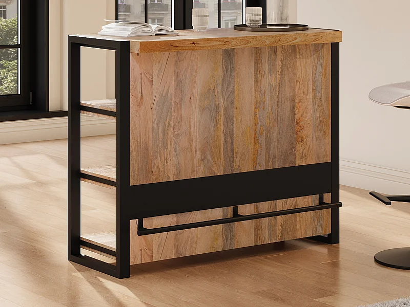 Meuble de bar avec 3 étagères en bois de manguier et métal - Naturel et noir - HARLEM II