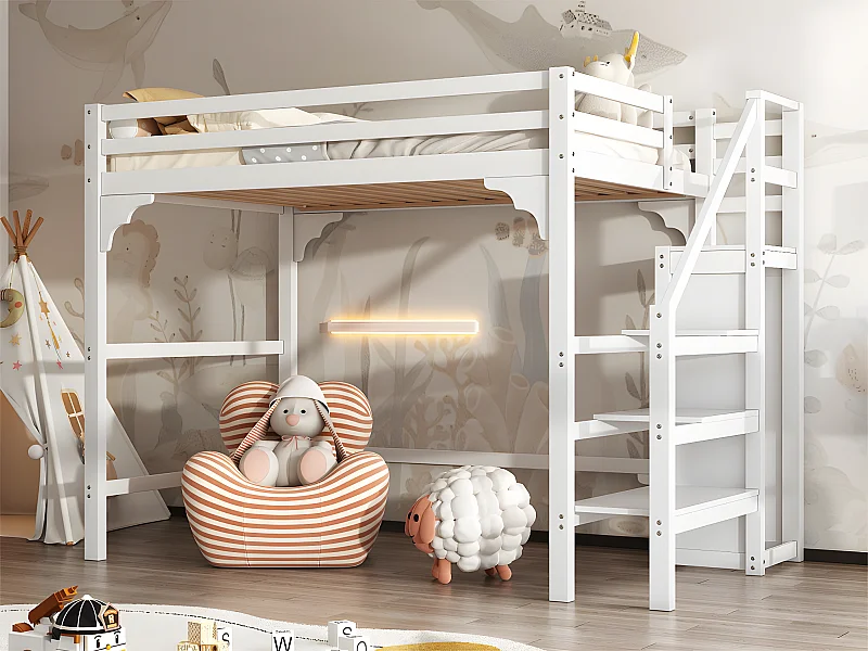 Cama altillo de madera 140x200 cm - con armario y somier - Blanco