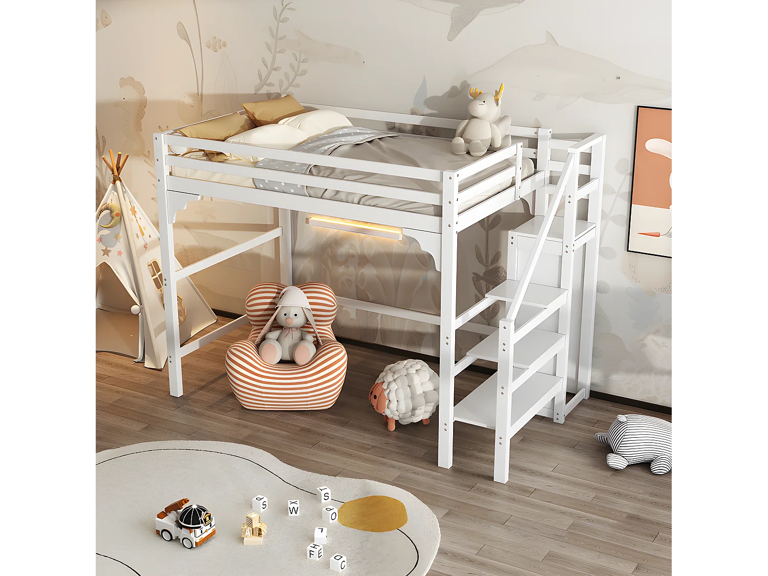 Cama altillo de madera 140x200 cm - con armario y somier - Blanco