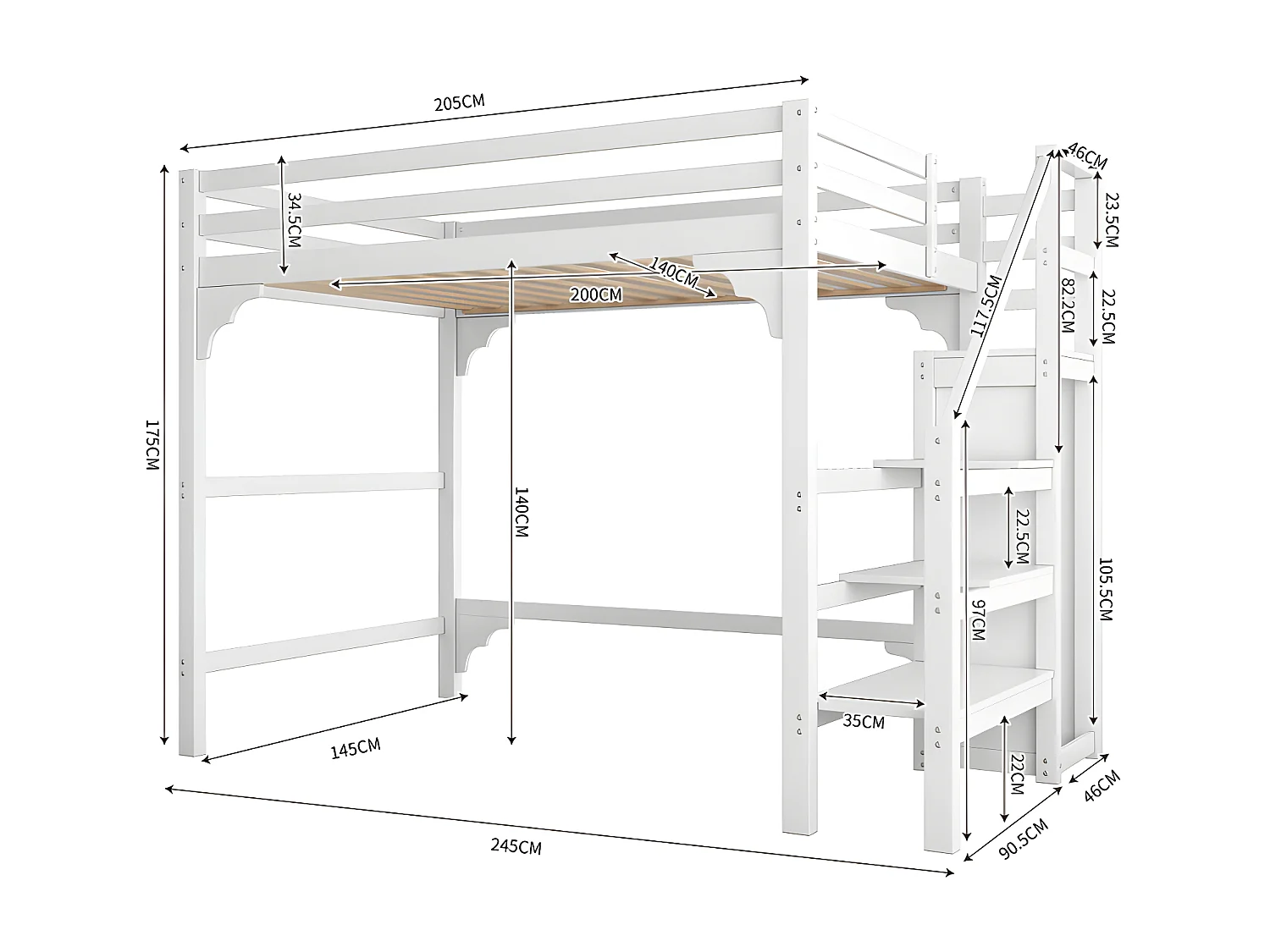 Cama altillo de madera 140x200 cm - con armario y somier - Blanco