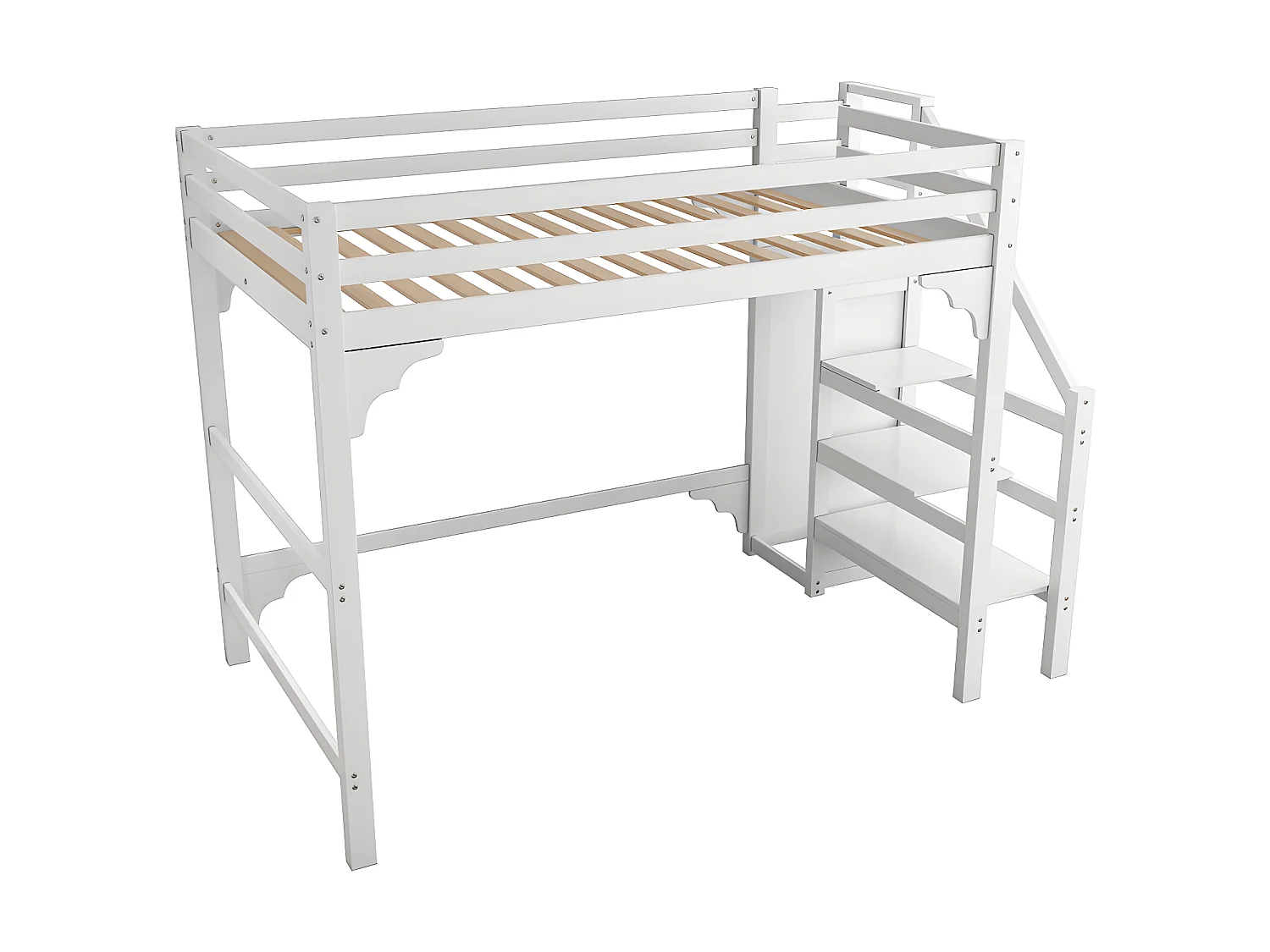 Cama altillo de madera 140x200 cm - con armario y somier - Blanco