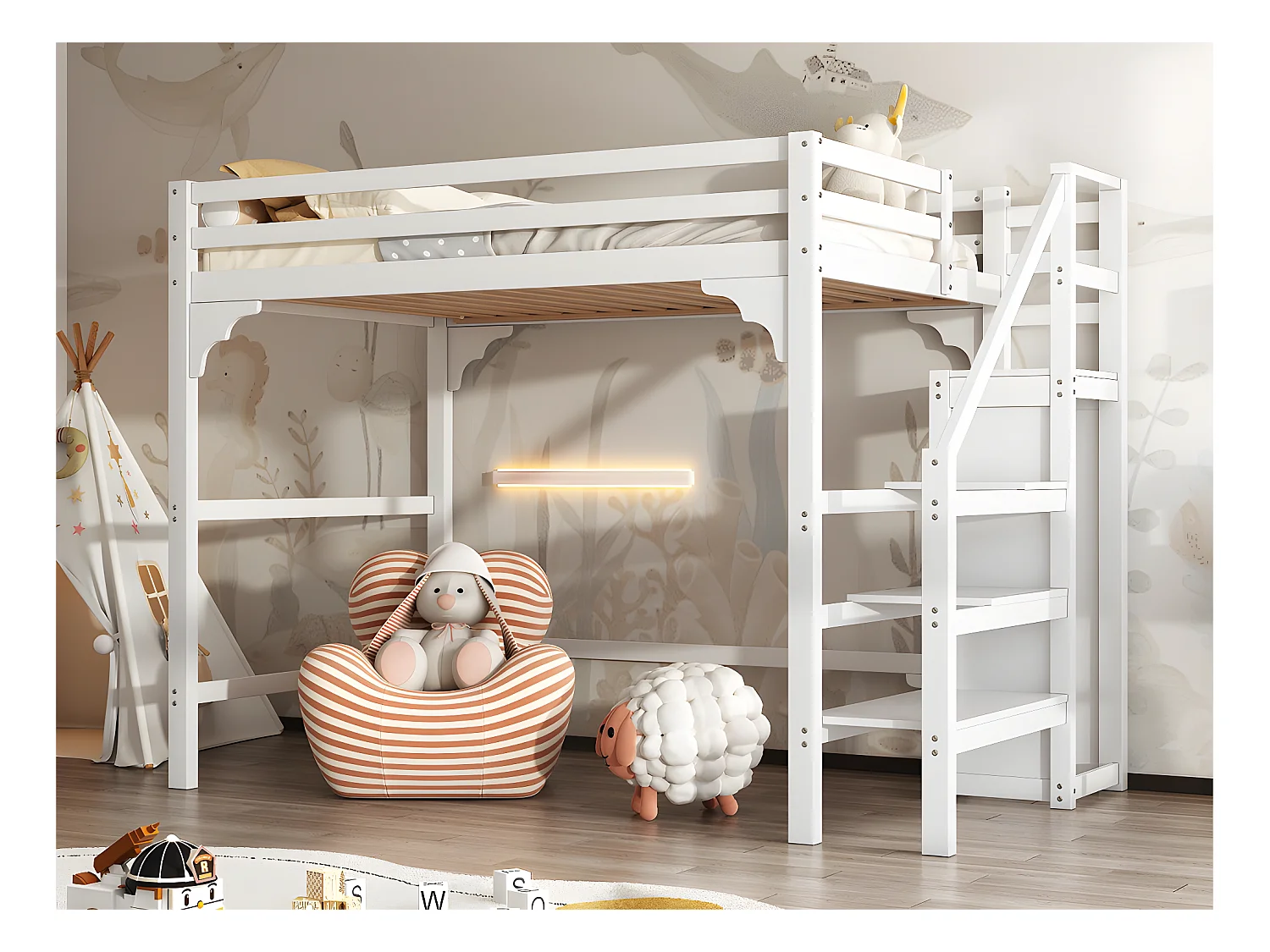 Lit mezzanine 140x200cm en bois - avec penderie et sommier à lattes - Blanc