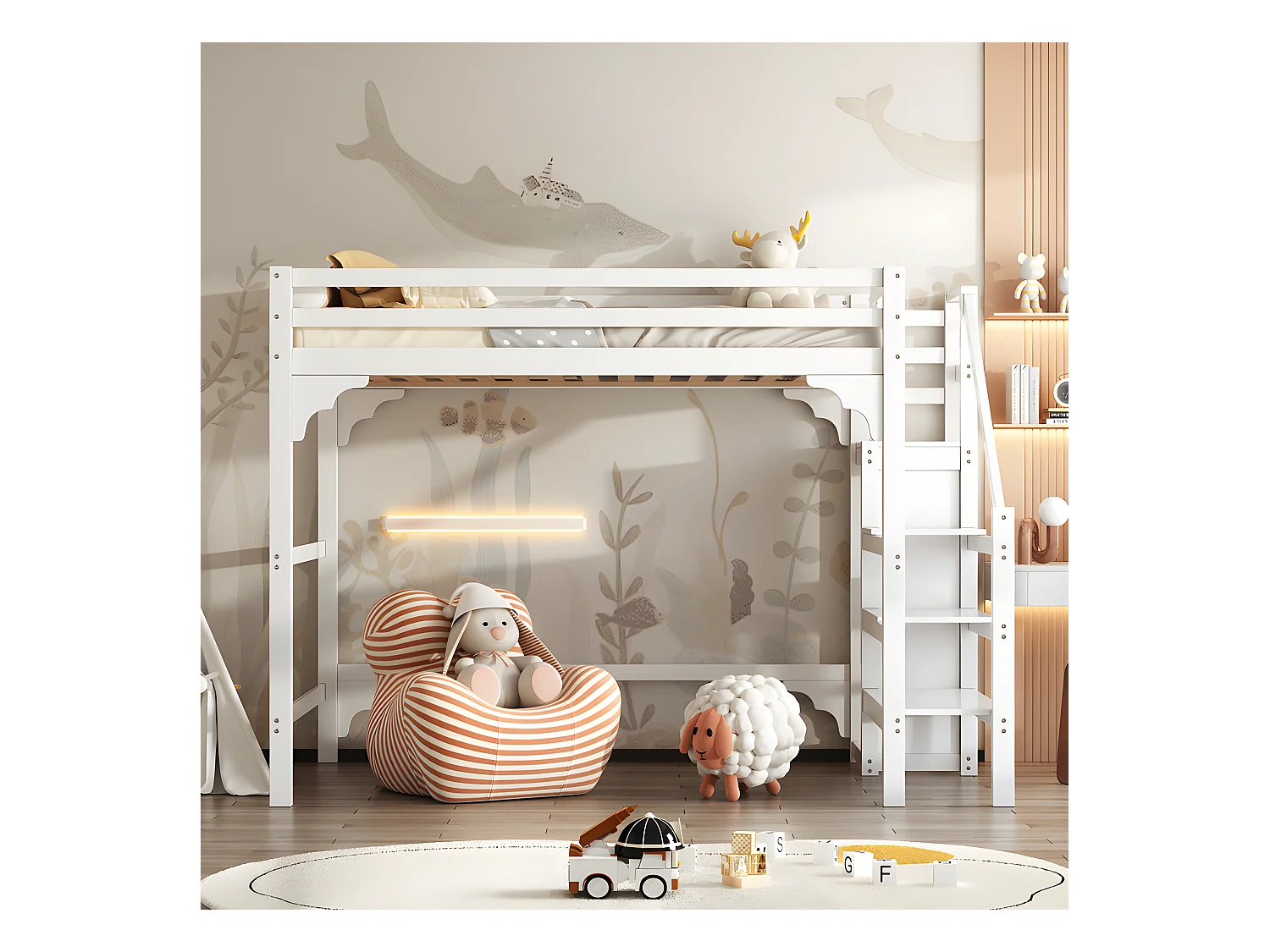 Lit mezzanine 140x200cm en bois - avec penderie et sommier à lattes - Blanc