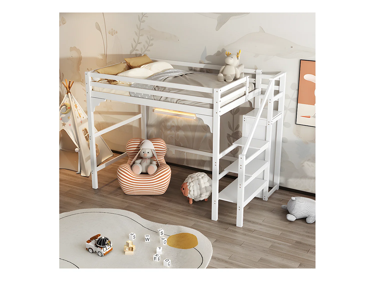 Lit mezzanine 140x200cm en bois - avec penderie et sommier à lattes - Blanc