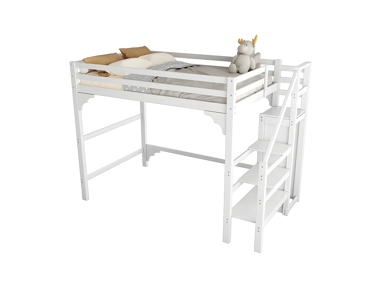 Lit mezzanine 140x200cm en bois - avec penderie et sommier à lattes - Blanc