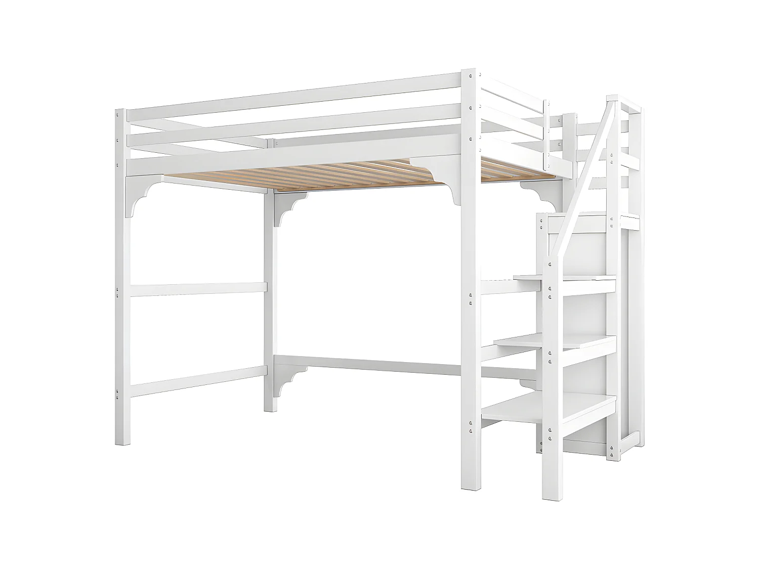 Lit mezzanine 140x200cm en bois - avec penderie et sommier à lattes - Blanc