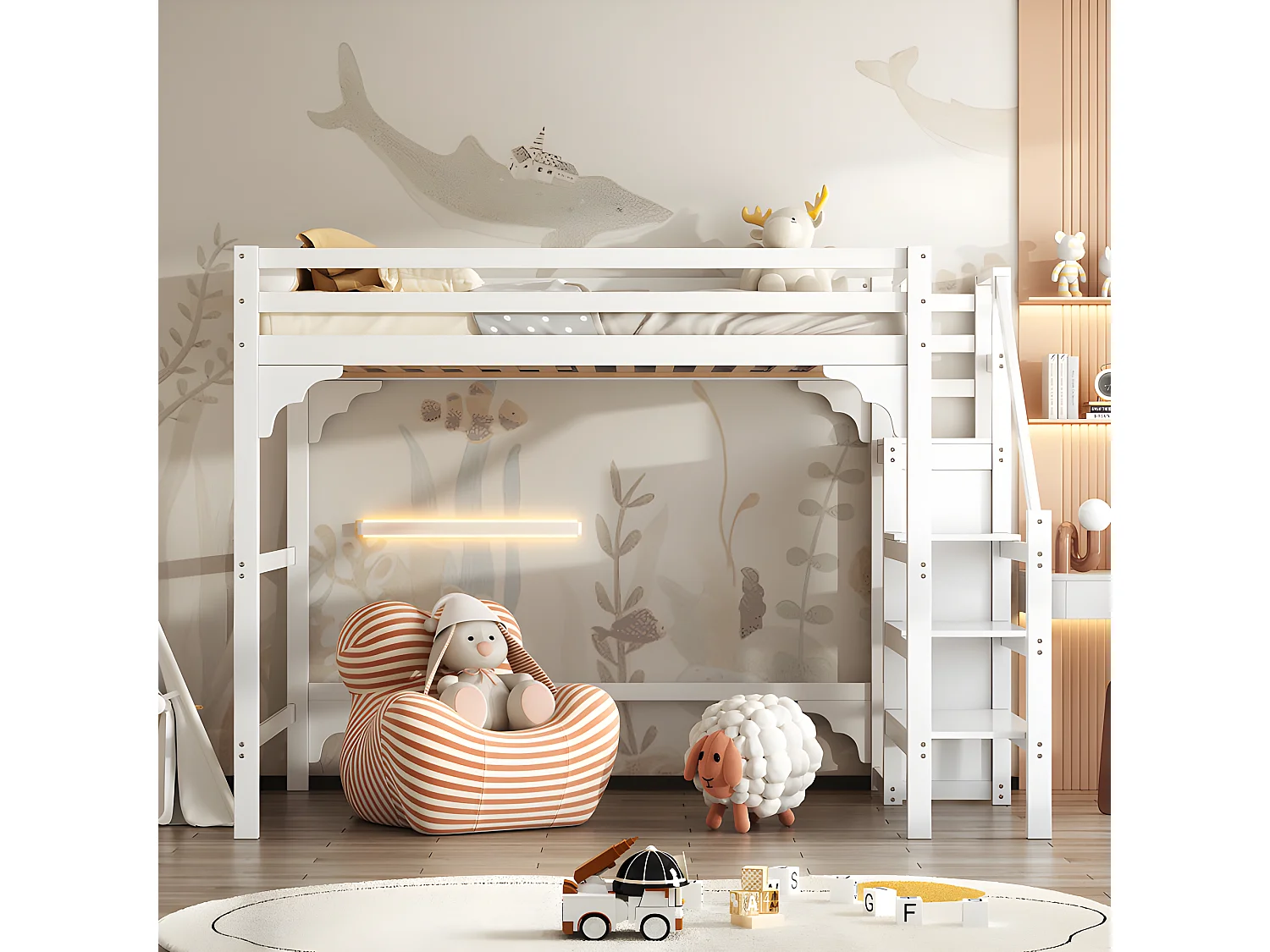 Letto soppalco in legno 140x200cm - con armadio e rete a doghe - Bianco