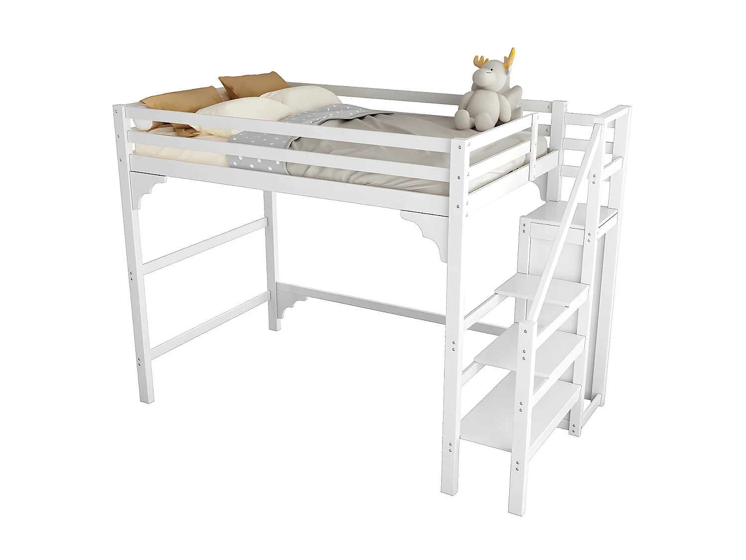 Letto soppalco in legno 140x200cm - con armadio e rete a doghe - Bianco
