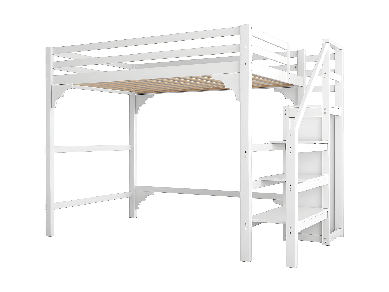 Letto soppalco in legno 140x200cm - con armadio e rete a doghe - Bianco