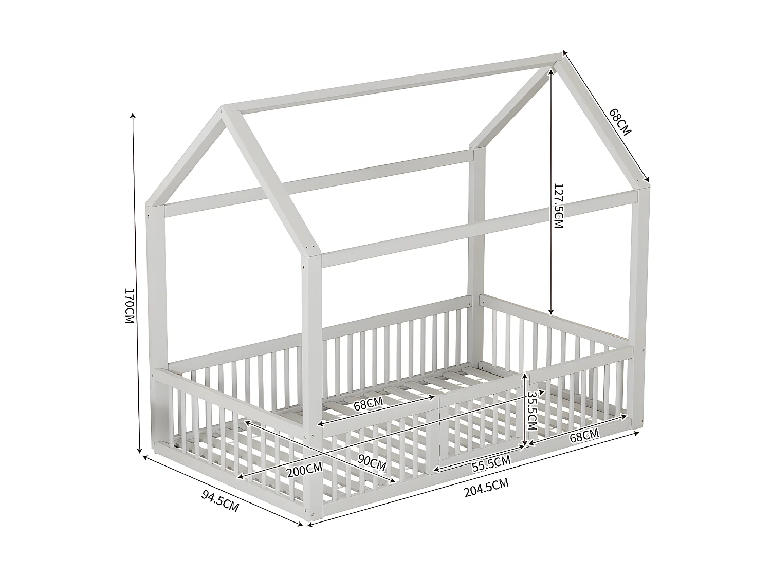 Lit cabane pour enfant - 90x200cm - en bois massif - Blanc