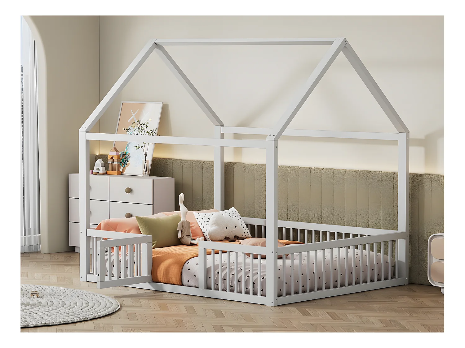 Lit cabane pour enfant - 140x200cm - en bois massif - Blanc