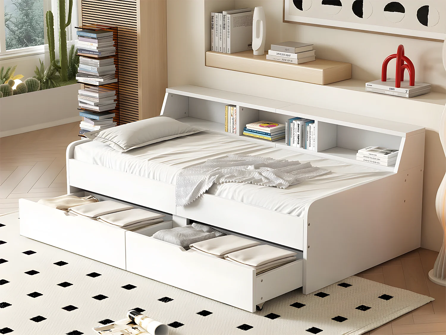 Lit banquette - Canapé lit 90x200cm avec 2 tiroirs - Blanc