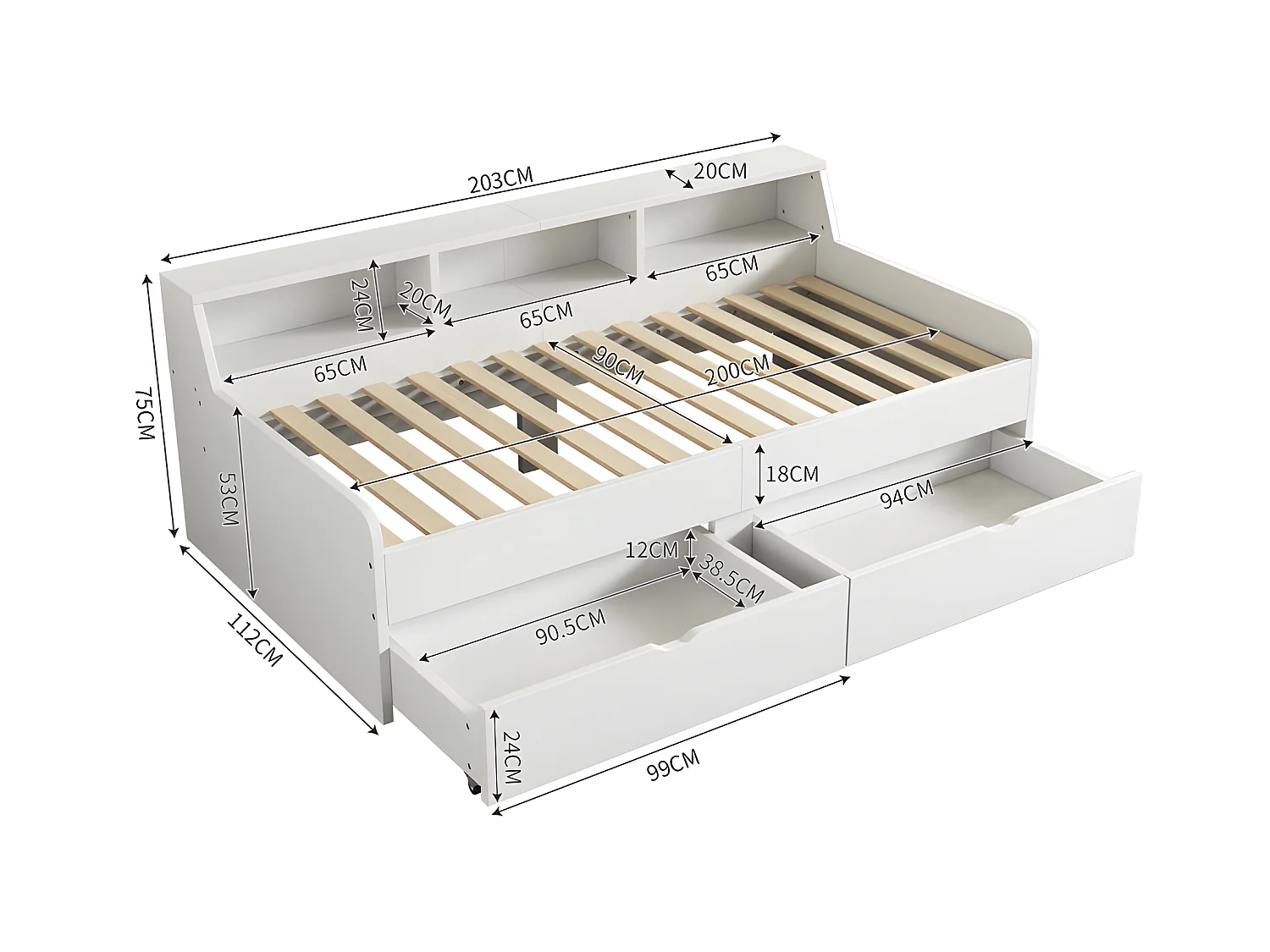 Dagbed - slaapbank 90x200cm met 2 laden - Wit