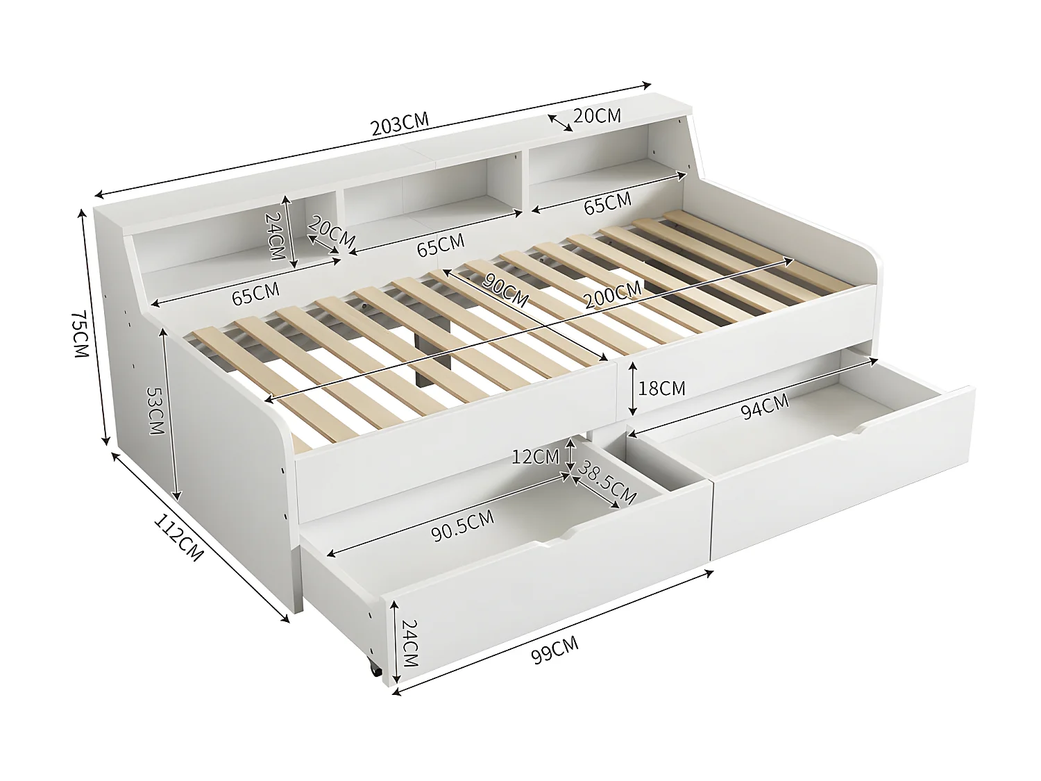 Dagbed - slaapbank 90x200cm met 2 laden - Wit