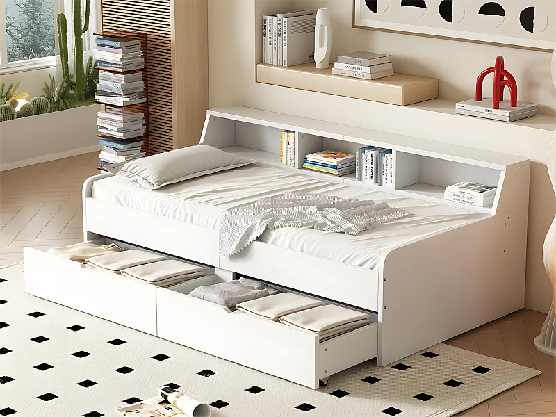 Lit banquette - Canapé lit 90x200cm avec 2 tiroirs - Blanc