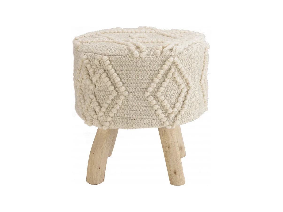 SACHA - Tabouret rond 40x40cm laine motifs losanges ivoire pieds bois