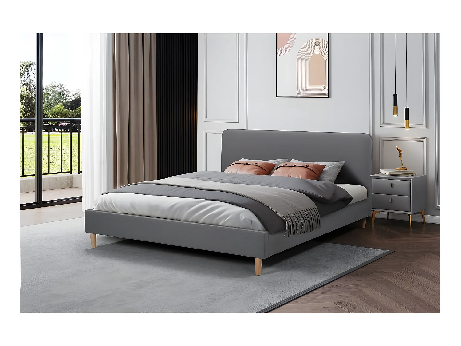 Cama de casal em tecido cinza "Louise" 160 x 200 cm - Design elegante e conforto absoluto