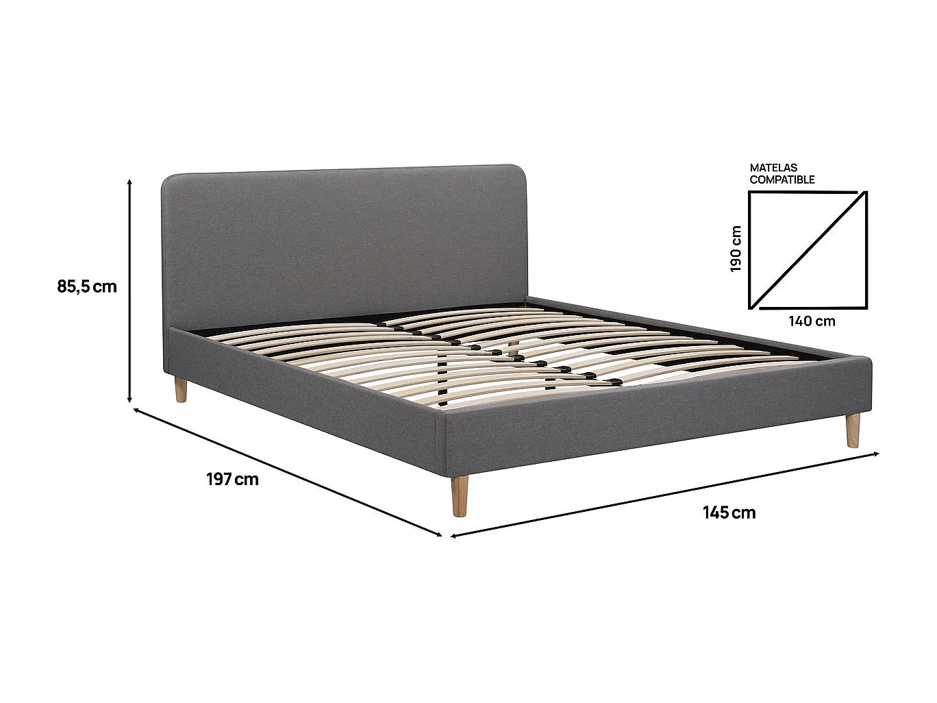 Lit double en tissu "Louise" - 140 x 190 cm - Gris