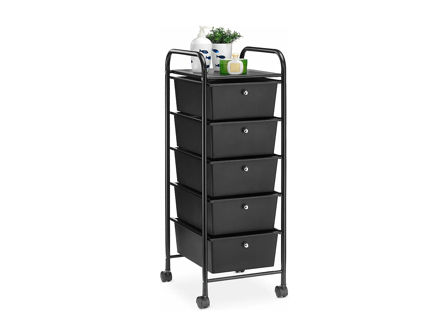 Caisson de rangement sur roulettes GINA, colonne de 5 tiroirs et 1 étagère pour salle de bain ou bureau, noir et métal