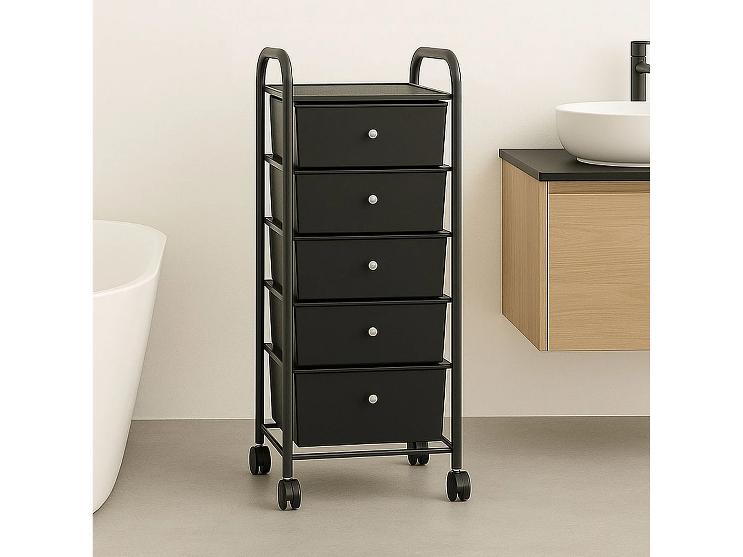 Caisson de rangement sur roulettes GINA, colonne de 5 tiroirs et 1 étagère pour salle de bain ou bureau, noir et métal