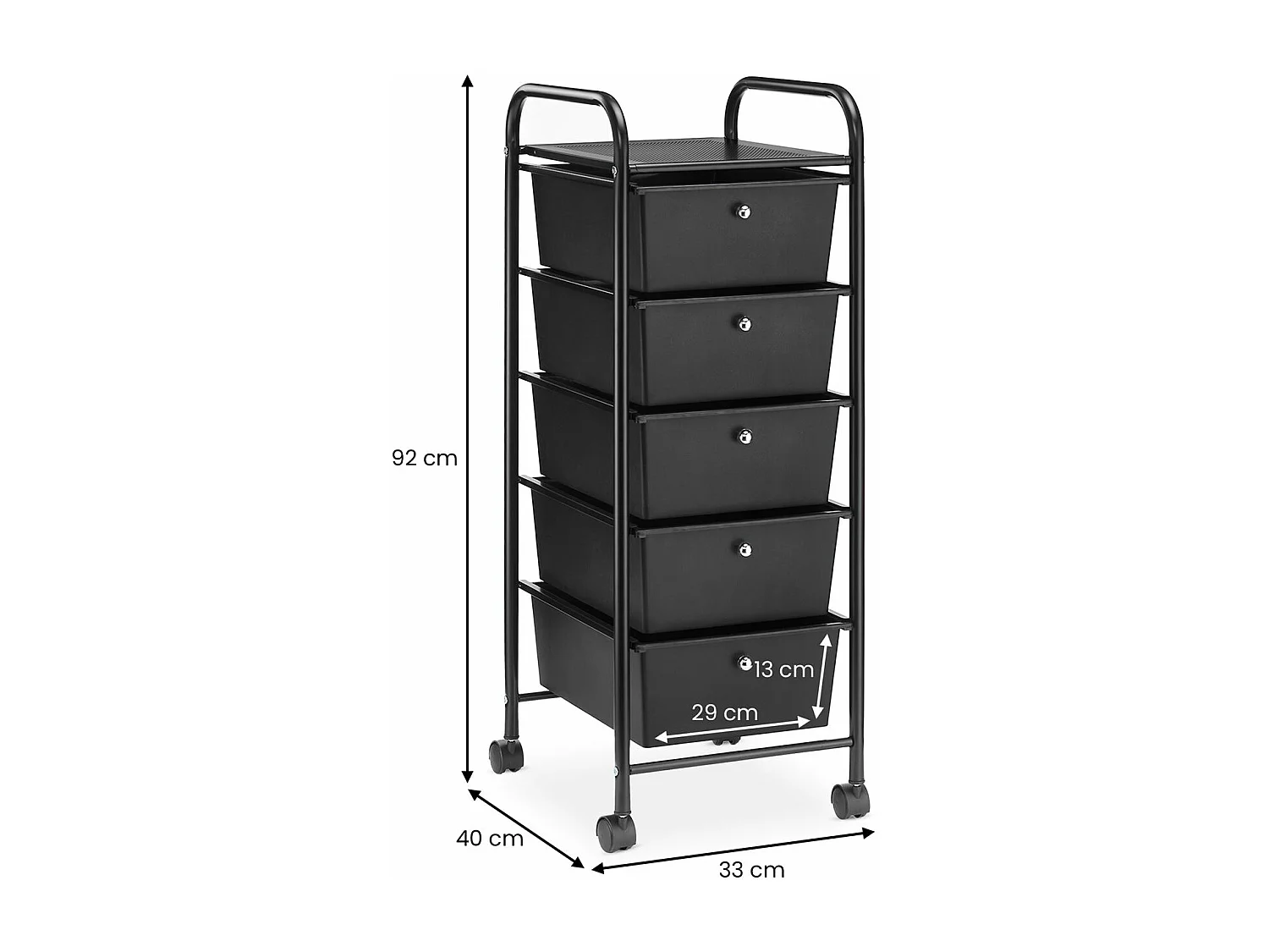 Caisson de rangement sur roulettes GINA, colonne de 5 tiroirs et 1 étagère pour salle de bain ou bureau, noir et métal