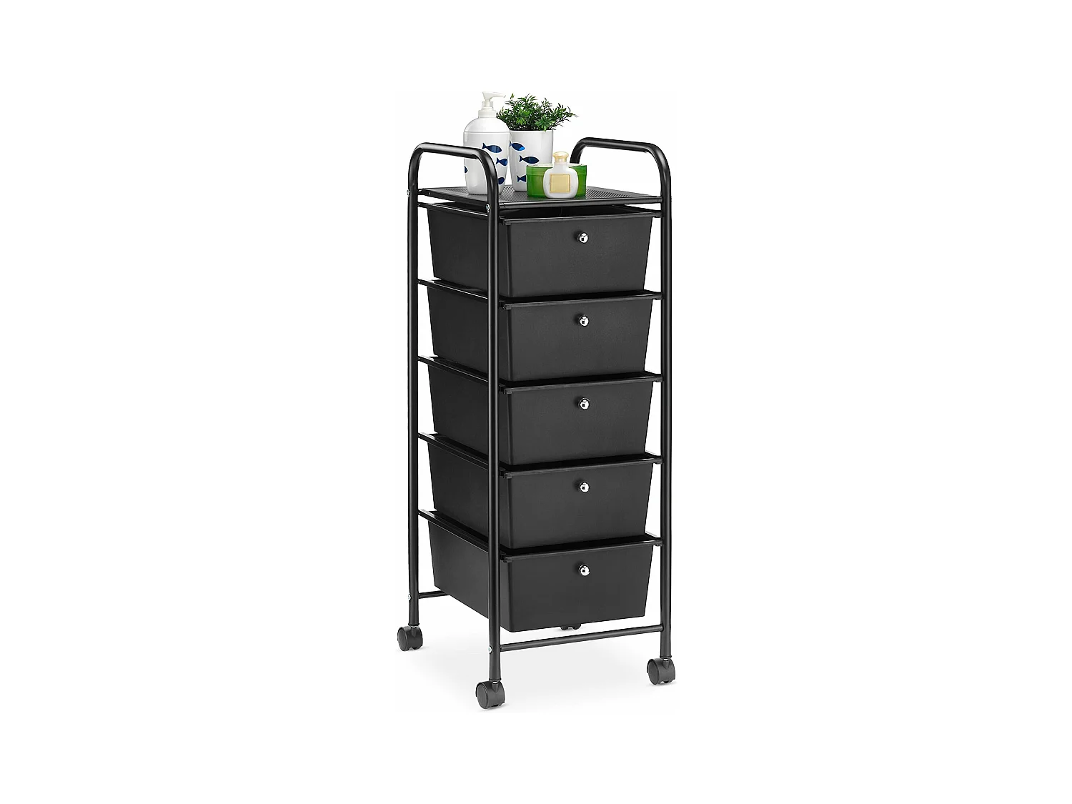Caisson de rangement sur roulettes GINA, colonne de 5 tiroirs et 1 étagère pour salle de bain ou bureau, noir et métal