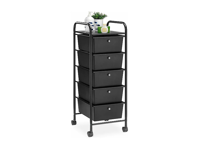 Caisson de rangement sur roulettes GINA, colonne de 5 tiroirs et 1 étagère pour salle de bain ou bureau, noir et métal