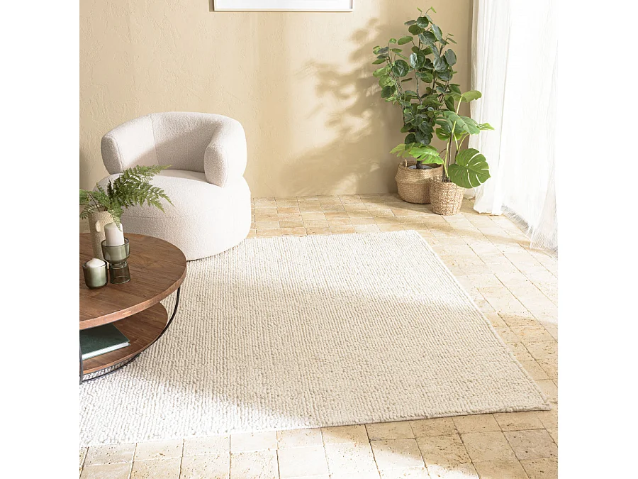 SACHA - Tapis rectangulaire 200x290cm en laine bouclée couleur beige
