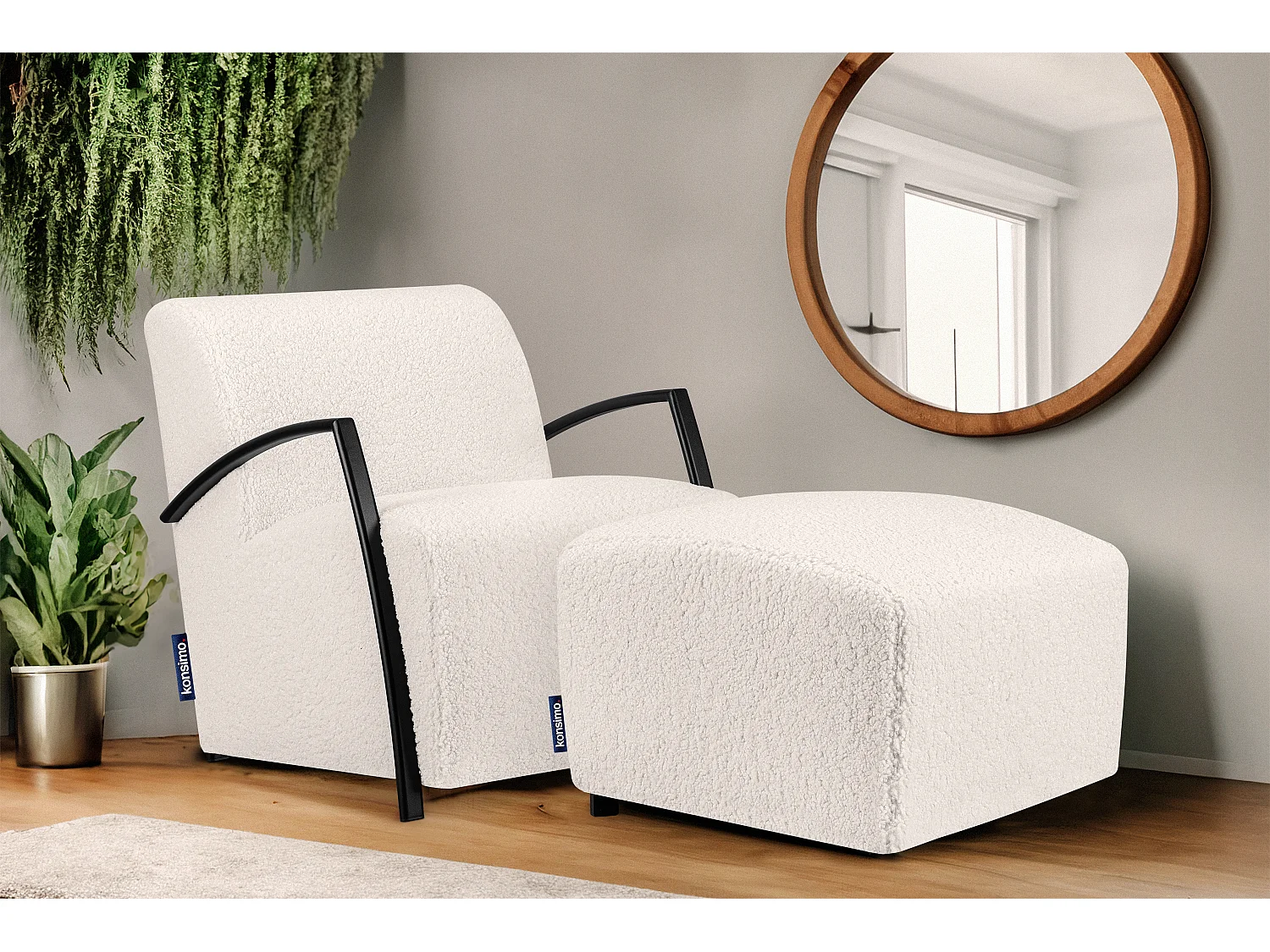 Moderner Hocker aus Lammfellstoff für das Wohnzimmer - ecru - CARO