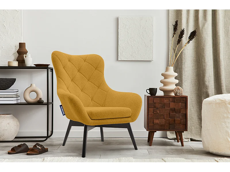 Eleganter Sessel mit Holzbeinen und Knopfheftung - gelb - RAMOS