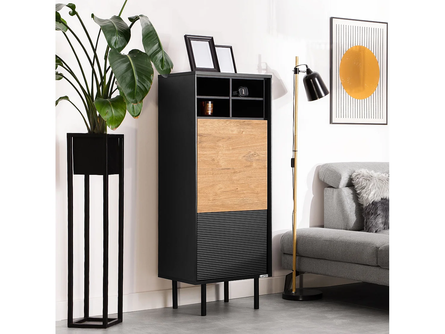 Regale Weineinlage - schwarz / Eiche natur - LOFTY