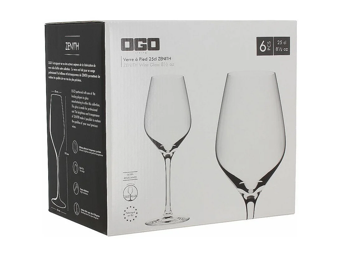 Ogo Living - Boite De 6 Verres A Pied Vin Zenith En Cristallin 25 Cl