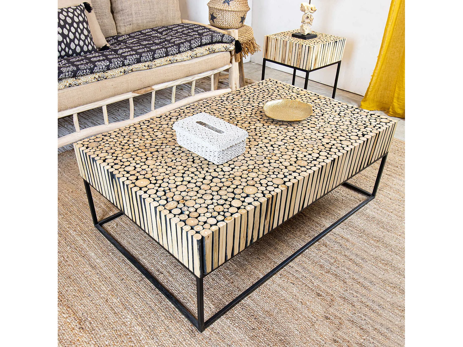 Now's Home - Table Basse En Branches De Teck Pied Metal Noir 75x115xh42cm Tahaa