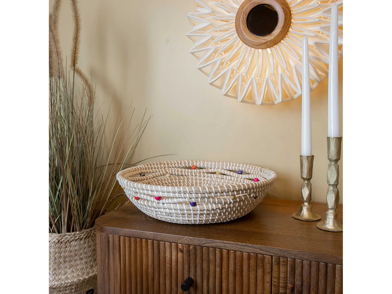 Now's Home - Corbeille Ronde En Jonc De Mer Et Perles De Bois D37xh9cm Milos