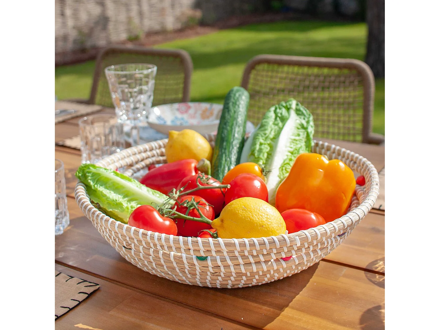 Now's Home - Corbeille Ronde En Jonc De Mer Et Perles De Bois D37xh9cm Milos