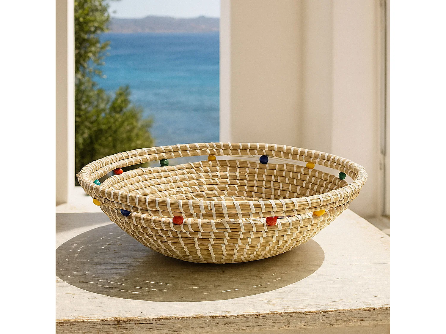 Now's Home - Corbeille Ronde En Jonc De Mer Et Perles De Bois D37xh9cm Milos