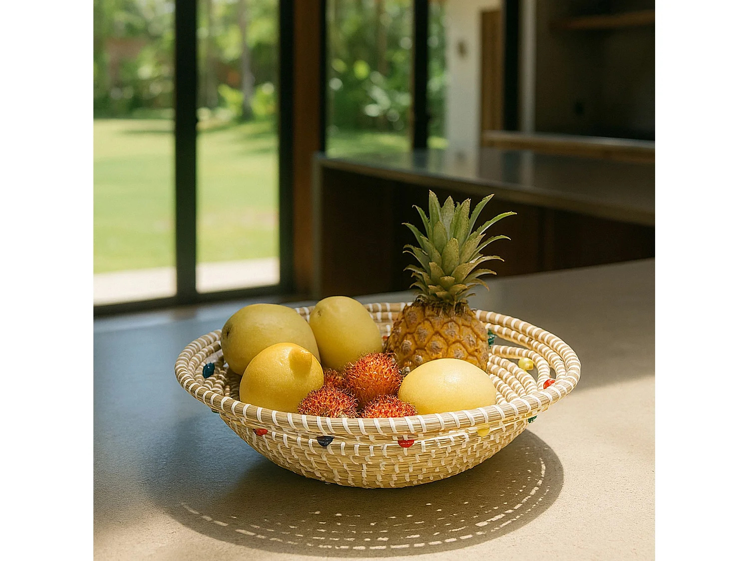 Now's Home - Corbeille Ronde En Jonc De Mer Et Perles De Bois D37xh9cm Milos