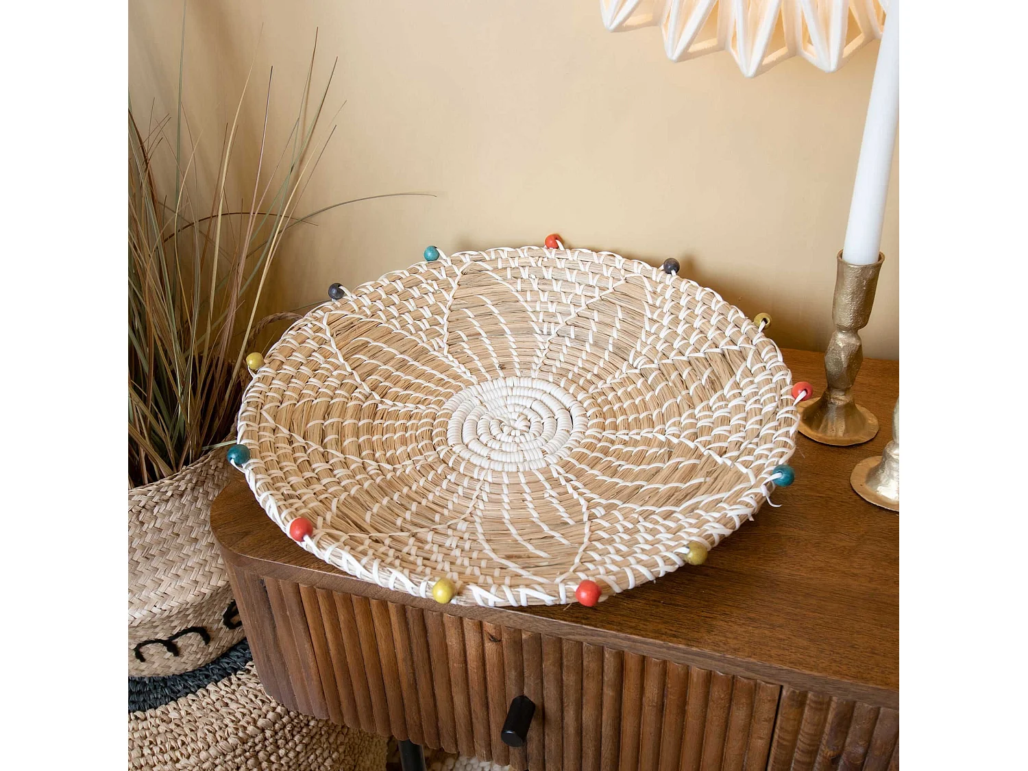 Now's Home - Panier Rond En Jonc De Mer Et Perles De Bois D40xh5cm Milos