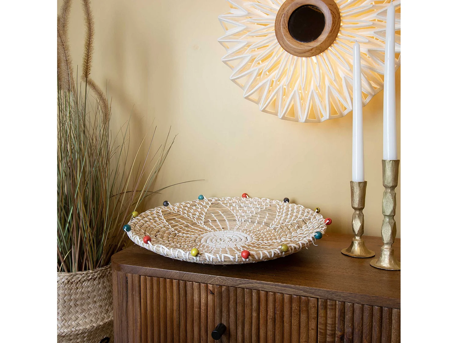 Now's Home - Panier Rond En Jonc De Mer Et Perles De Bois D40xh5cm Milos