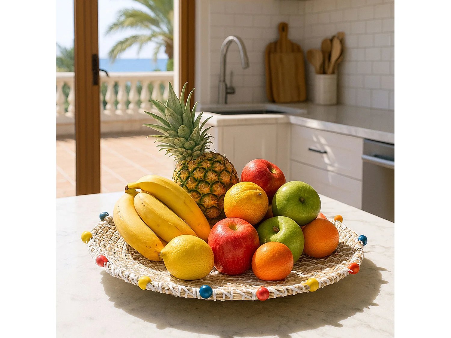 Now's Home - Panier Rond En Jonc De Mer Et Perles De Bois D40xh5cm Milos