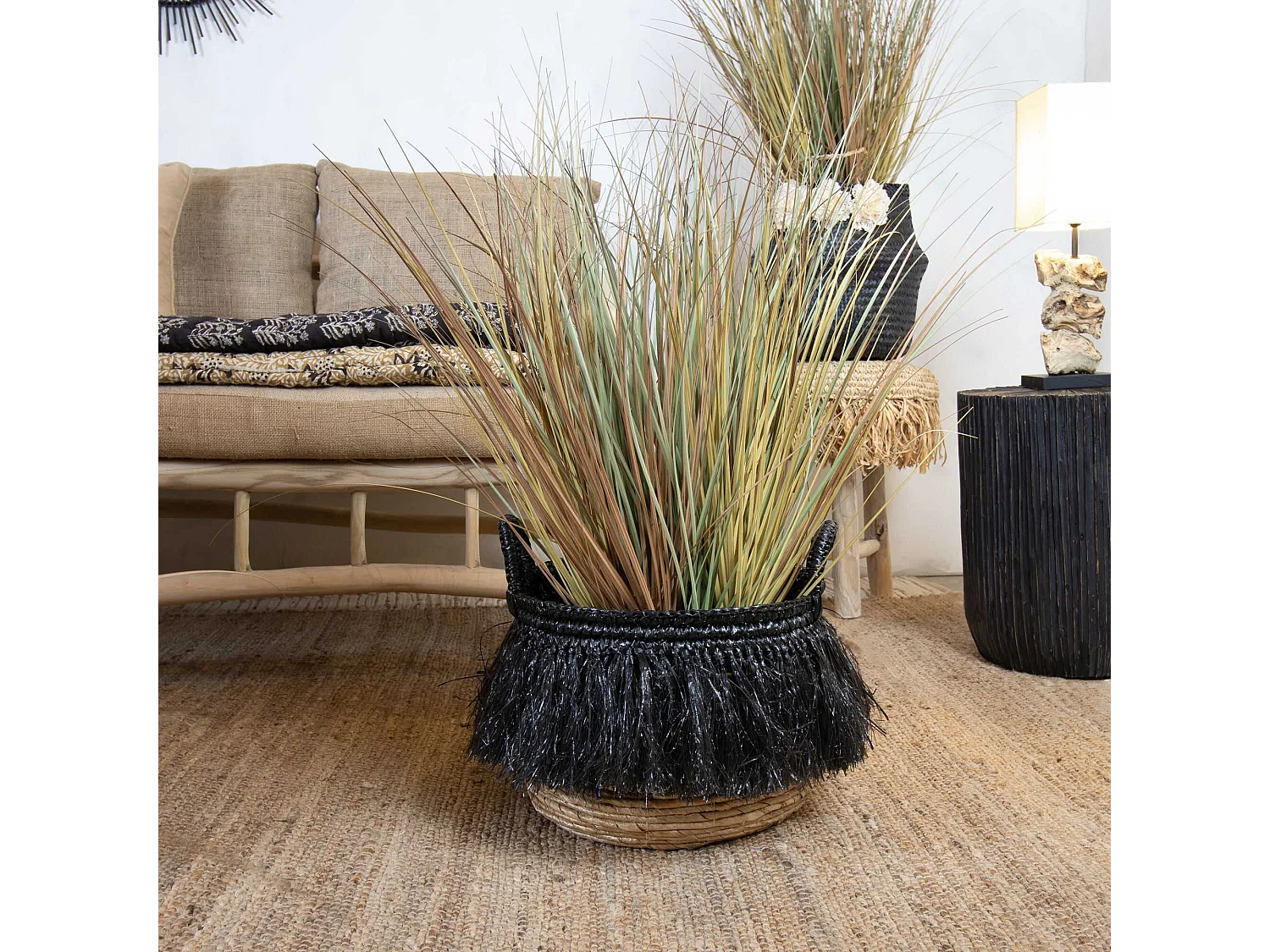 Now's Home - Panier En Abaca Naturel A Franges Noires Petit Diam 30cm X Ht 36cm Zalo