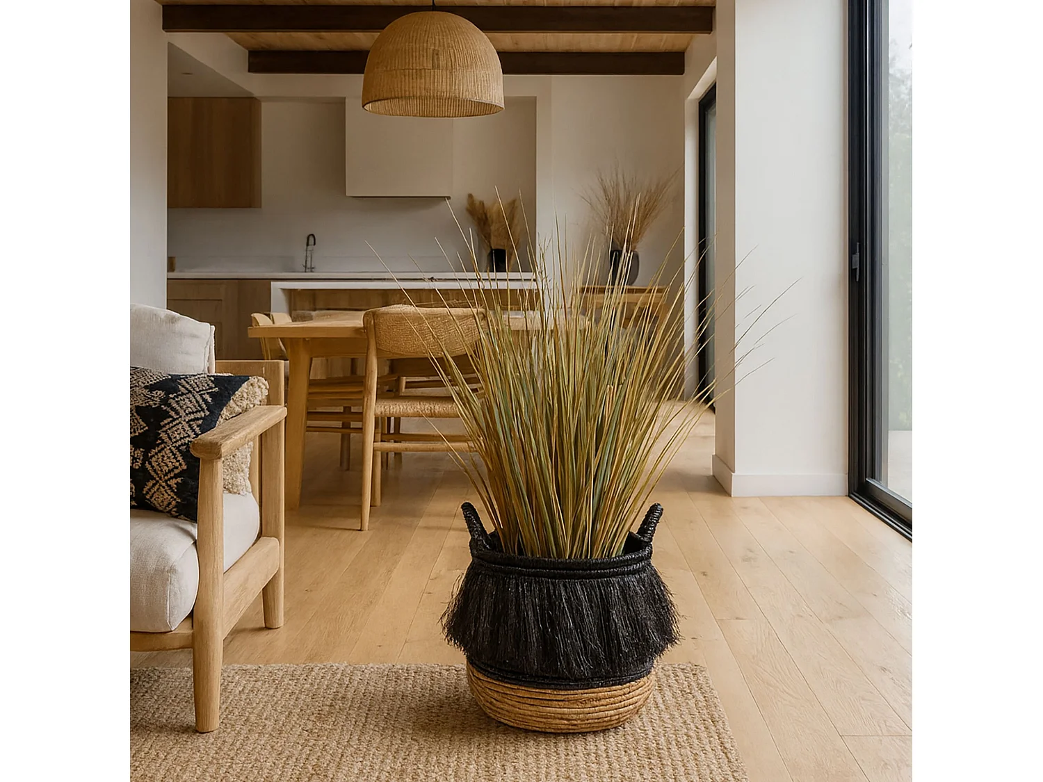 Now's Home - Panier En Abaca Naturel A Franges Noires Petit Diam 30cm X Ht 36cm Zalo