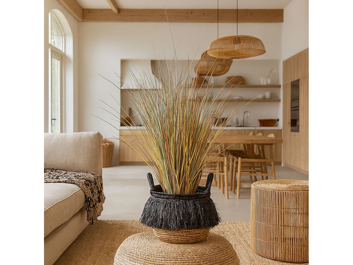 Now's Home - Panier En Abaca Naturel A Franges Noires Petit Diam 30cm X Ht 36cm Zalo