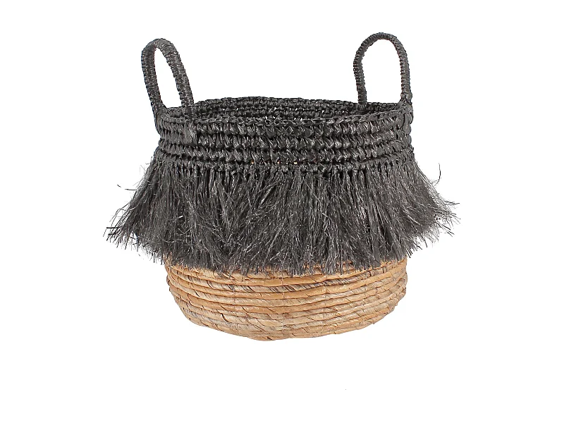 Now's Home - Panier En Abaca Naturel A Franges Noires Petit Diam 30cm X Ht 36cm Zalo