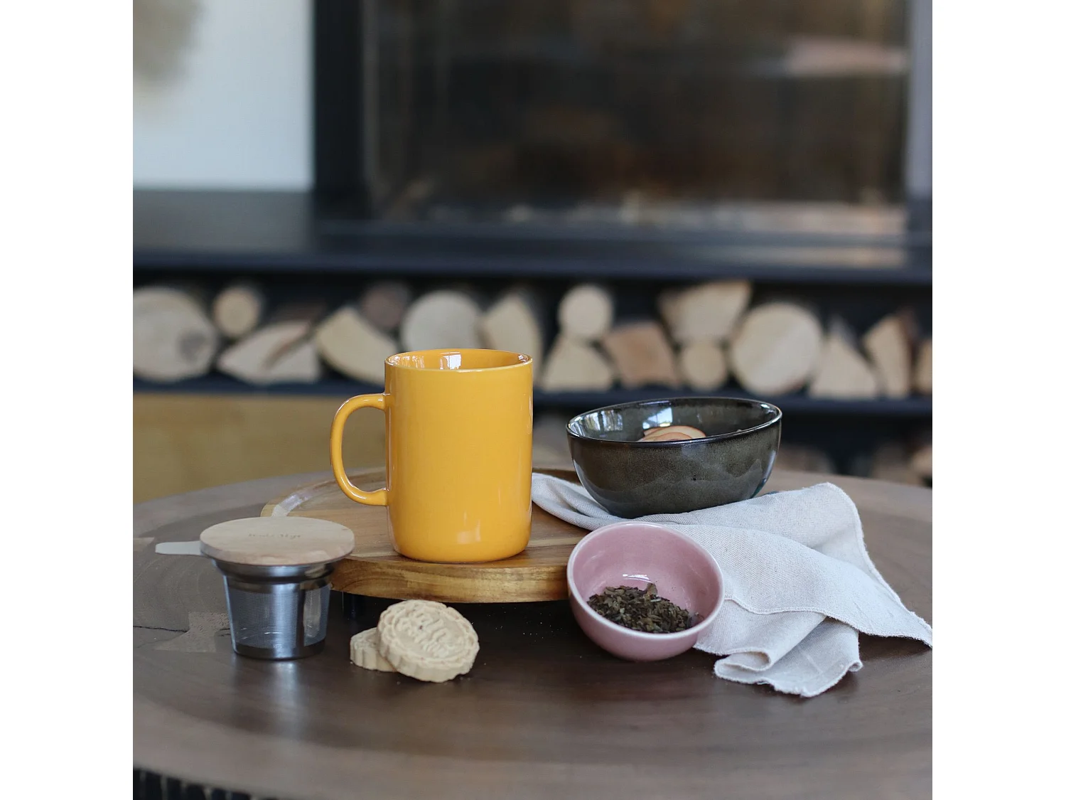 Novastyl - Tisaniere Anna 350ml En Gres Jaune Couvercle En Hevea