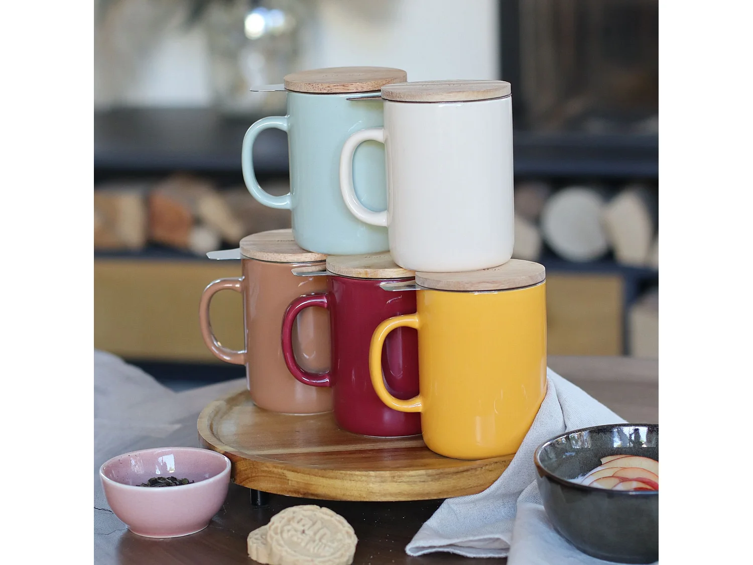 Novastyl - Tisaniere Anna 350ml En Gres Jaune Couvercle En Hevea